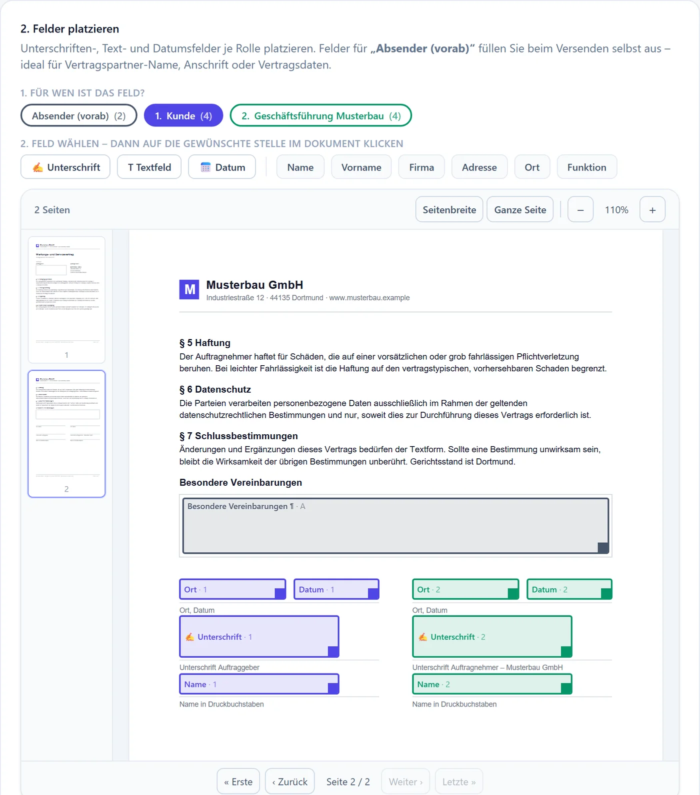 Feld-Editor mit Unterschriften-, Datums- und Namensfeldern für zwei Unterzeichner