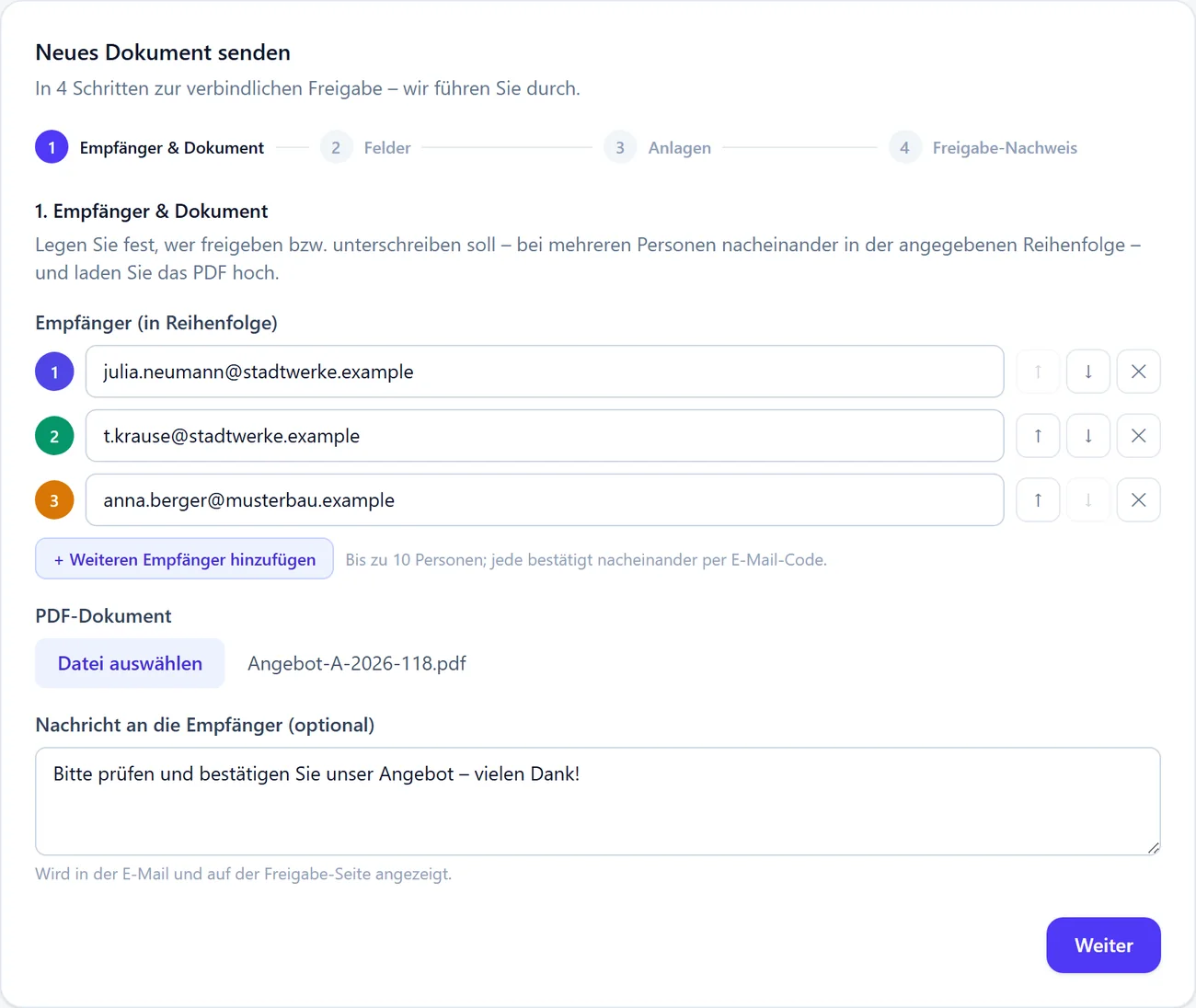 Neues Dokument mit drei Empfängern in Reihenfolge