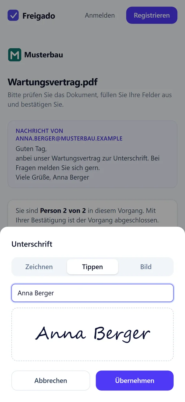 Unterschrift auf dem Smartphone tippen